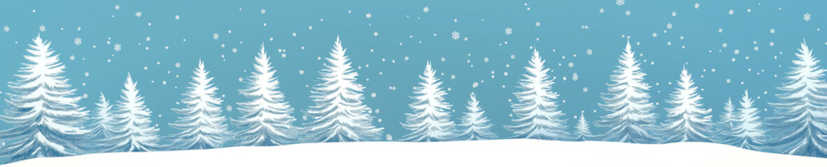 A simple vector graphic of a snowy pine forest on the bottom edge, with falling snowflakes and a gradient sky in shades of blue. The background is a flat blue color,