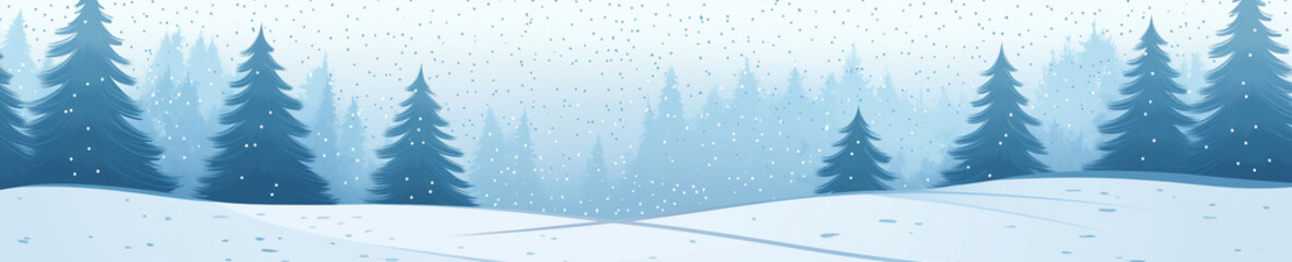 Obraz premium A simple vector graphic of a snowy pine forest on the bottom edge, with falling snowflakes and a gradient sky in shades of blue. The background is a flat blue color,