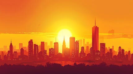 A stylized illustration of a city skyline at sunset.