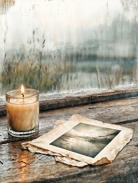 Old papers near a candle by the window with a nostalgic atmosphere