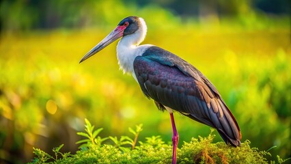Fototapeta premium Woollynecked Stork in Lush Green Habitat - Aerial Drone Photography