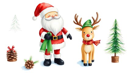 Fototapeta premium Toy Santa, elf, and deer: New Year and Christmas elements watercolor illustration AI Generate