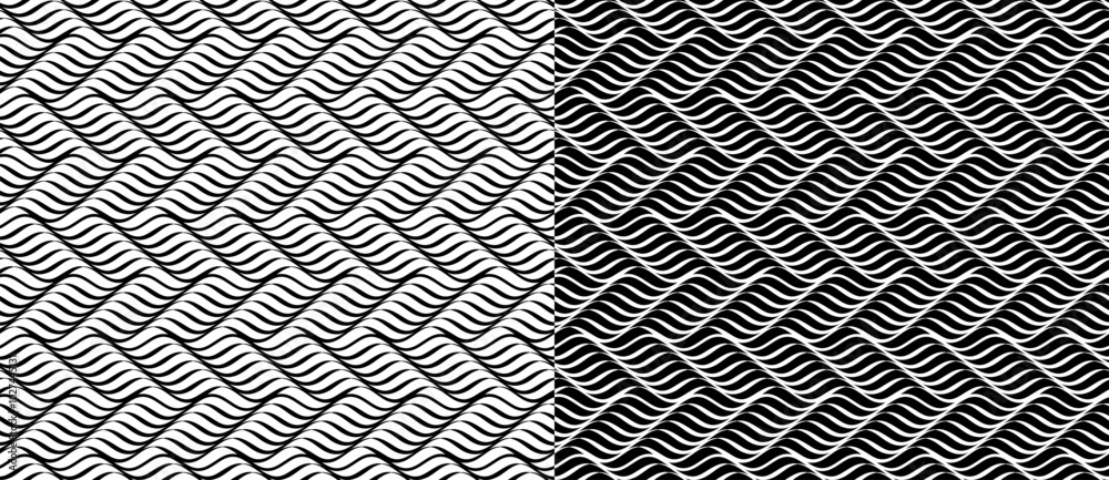 Poster Abstract seamless background with waves. Art lines design, sea concept, print or texture. Black lines on a white background and the same white lines on the black side.