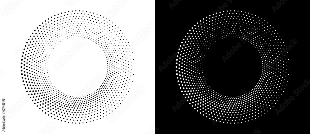 Fototapete Modern abstract background. Halftone dots in circle form. Round logo, design element or icon. Vector dotted frame. A black figure on a white background and an equally white figure on the black side.