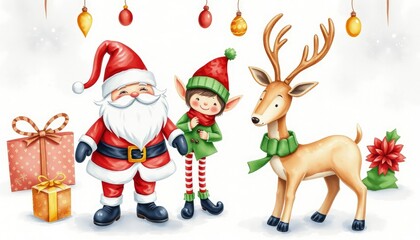 Toy Santa, elf, and deer: New Year and Christmas elements watercolor illustration AI Generate