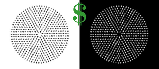 Modern abstract background. Halftone DOLLAR sign in circle. Round logo, design element or icon. Black shape on a white background and the same white shape on the black side.