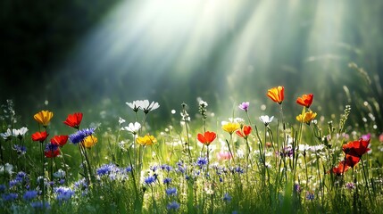 A serene meadow basking in sunlight, showcasing a vibrant array of wildflowers. A peaceful scene full of color and tranquility.