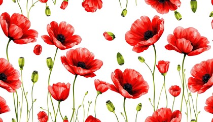 Obraz premium Red poppies flowers on isolated background, watercolor illustration, seamless pattern AI Generate
