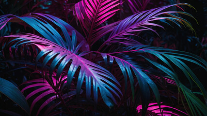 Fototapeta premium Vibrant Pink and Blue Tropical Leaves in Neon Light