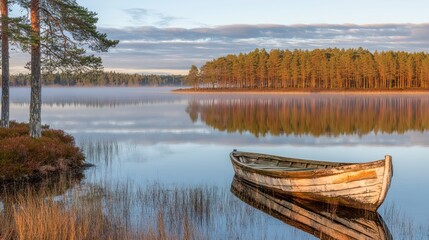 Old Wooden Boat Moored on a Misty Lake with a Forest in the Background