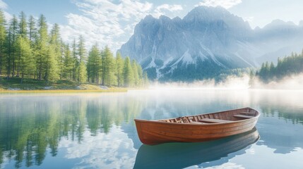 Obraz premium Wooden Rowboat on a Misty Mountain Lake