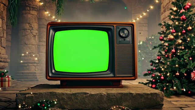 A retro television with a green screen sits in a decorated setting. Surrounding it are Christmas gifts and festive lights.