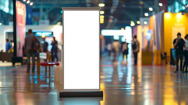 Promote your brand  blank roll up banner stand in vibrant exhibition hall with engaged crowd