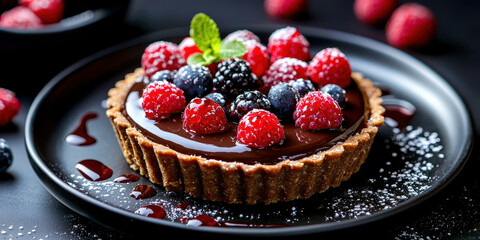 A chocolate dessert with berries on top