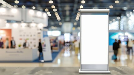 Blank roll up banner stand in a busy exhibition hall showcasing vibrant booths and crowds