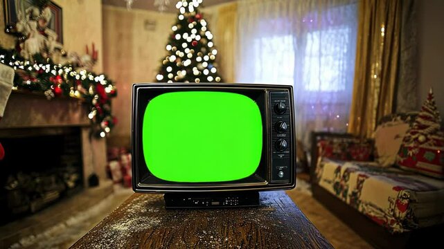 A traditional TV sits on a wooden table, displaying a vibrant green screen. Christmas decorated room.