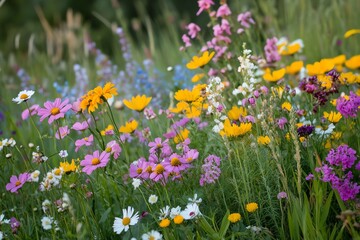 Fototapeta premium Vibrant wildflower meadow with blooming colorful blossoms in a lush green field, capturing the essence of springtime beauty and nature's diversity.