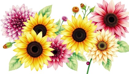 Obraz premium Floral watercolor illustration with sunflowers and dahlias isolated on white background AI Generate