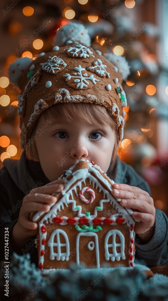 Wall mural a child enjoys a gingerbread house while festive lights create a warm atmosphere