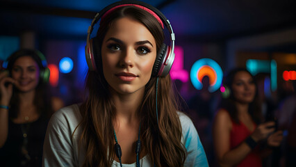 Fashion pretty DJ young woman with headphones listening to electronic music over red neon background