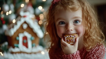 Naklejka premium A young child smiles brightly while holding a gingerbread cookie, festive decor surrounds her