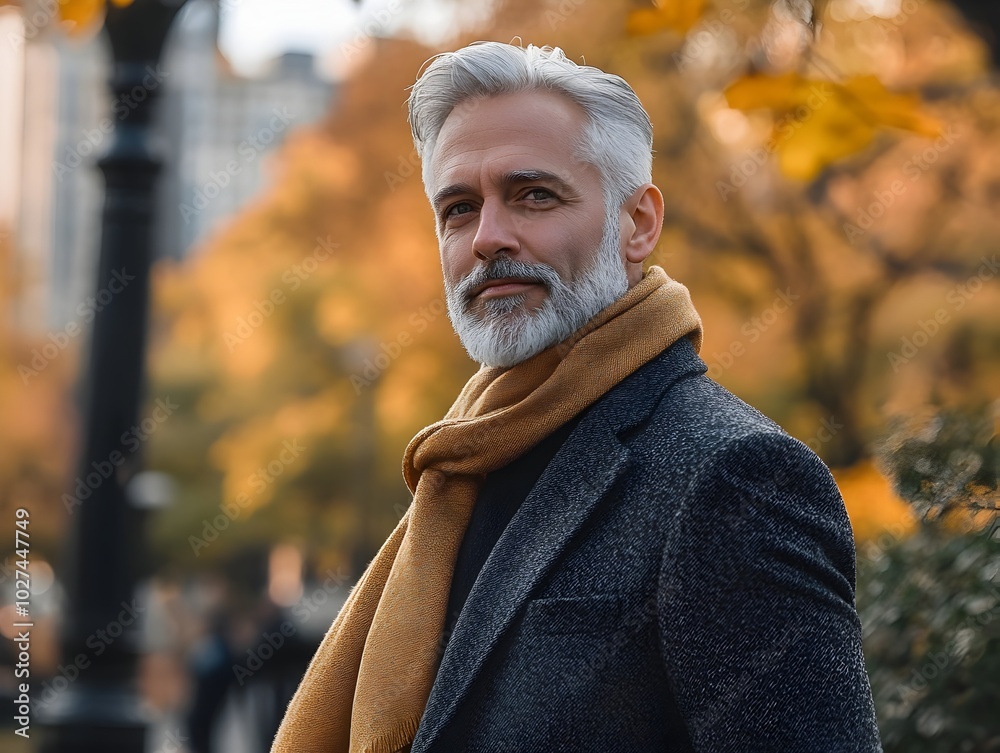 Wall mural elegant silver haired man strolling through autumn park in luxurious cashmere attire