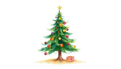 Fototapeta premium Christmas tree watercolor hand drawing on white background in vintage style AI Generate