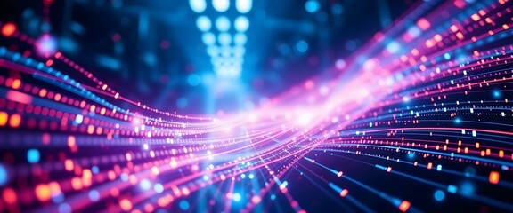 Obraz premium Abstract digital lines of code flow through a dark background in a vibrant display of modern technology.