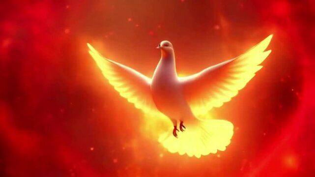  Bright Fire White Dove in Sky Digital Animation. Angel wing glistening in sunlight, close-up Descent of the Holy Spirit
