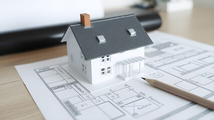 House project with model, pencil and rules. Generative AI