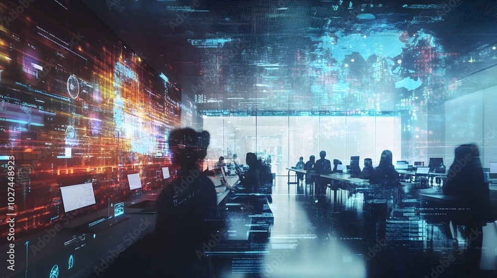 Fototapete Futuristic University Campus with Students Attending Virtual Lectures through Holograms   Seamless Blend of Physical and Digital Education EdTech