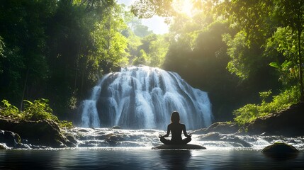 Tranquil Waterfall Meditation in Lush Forest Setting for Mindfulness and Wellness