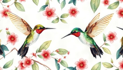 Fototapeta premium Hummingbird watercolor illustration seamless pattern AI Generate