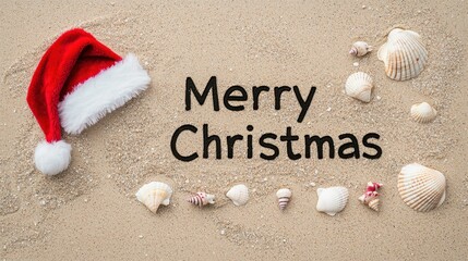 Merry Christmas Written in Sand with Beach Elements