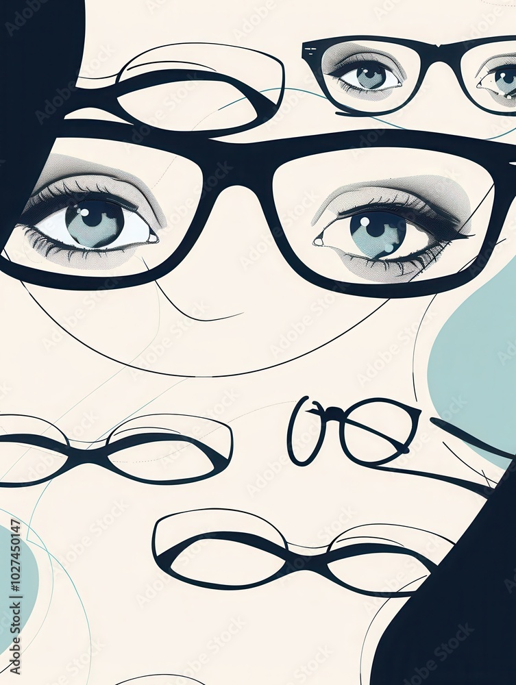 Poster A collection of eyeglasses set against an imaginative background showcasing stylized eyes, creating a contemporary visual appeal. Generative AI