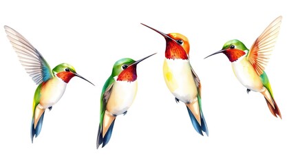 Naklejka premium Set of bright little birds: hummingbirds on isolated white background, watercolor hand-drawing AI Generate