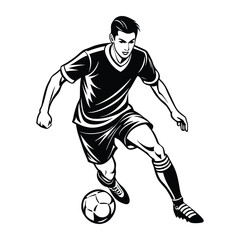 Naklejka premium Vector illustration of a football player mid-dribble, focusing on footwork and movement. Smooth, clean lines perfect for sports apparel and products.