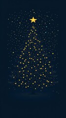 Naklejka premium A minimalist Christmas tree design with golden lights against a dark blue background.