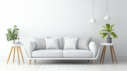 Naklejka premium Modern living room with a white sofa, plants, and pendant lights against a white wall.