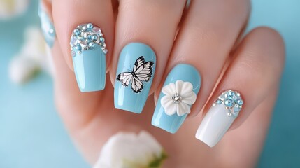 Nail art featuring a delicate butterfly and flower design against a serene blue background with sparkling accents