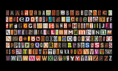 Set of cut-out Spooky Happy Halloween English alphabet from magazines on a black background, retro y2k style