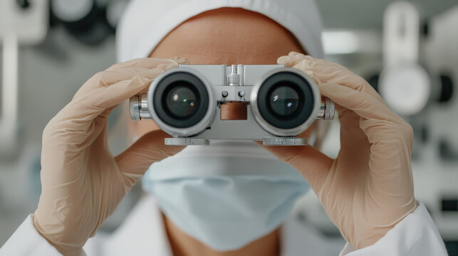 Optometrist adjusting trial lenses during a refraction test