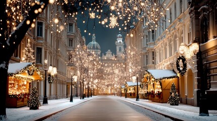 Charming winter streets adorned with twinkling lights and festive decorations from historic European Christmas markets at night