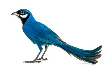 Obraz premium Vibrant Blue Bird with Long Tail Feathers on White Background