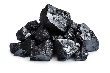 Fototapeta premium Black Coal Lumps Pile Isolated White Background Fuel Energy Source
