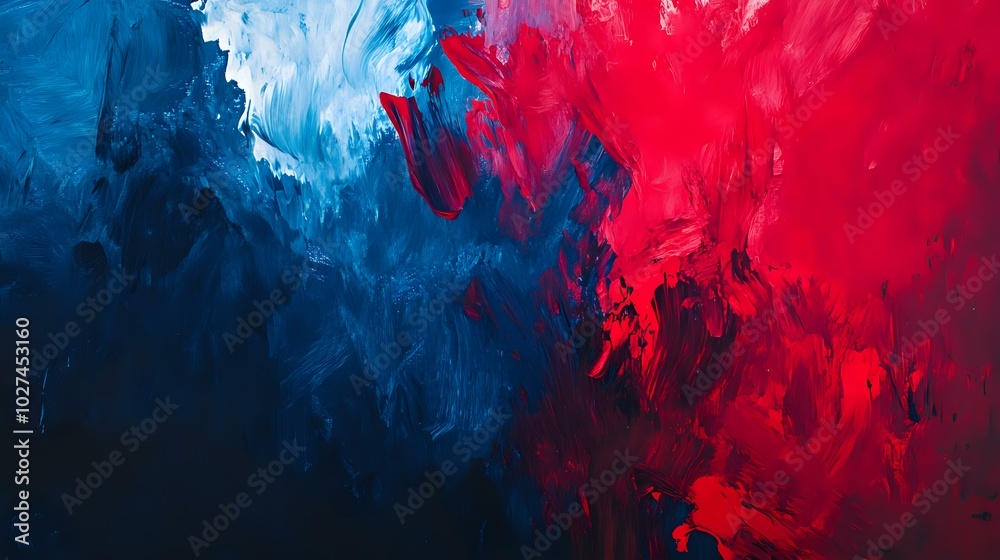 Poster abstract background with bold splashes of deep red and blue, creating an intense, vibrant energy wit