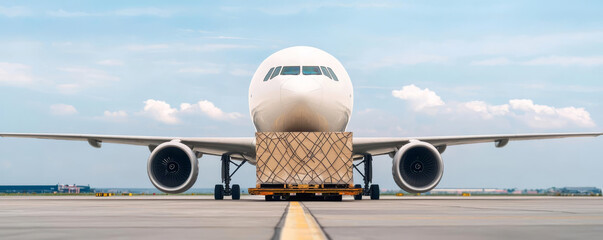 A air cargo plane is loaded with freight on the tarmac preparing for departure