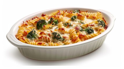 Mouthwatering baked pasta casserole with broccoli and cheese in a charming ceramic dish