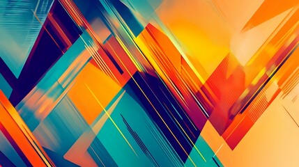 Fototapeta premium Abstract background with geometric patterns of sharp lines in bright oranges, blues, and greens, creating a digital, futuristic look