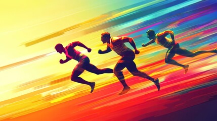 Sprint race vector set, showing runners in dynamic poses, vibrant backgrounds and motion effects